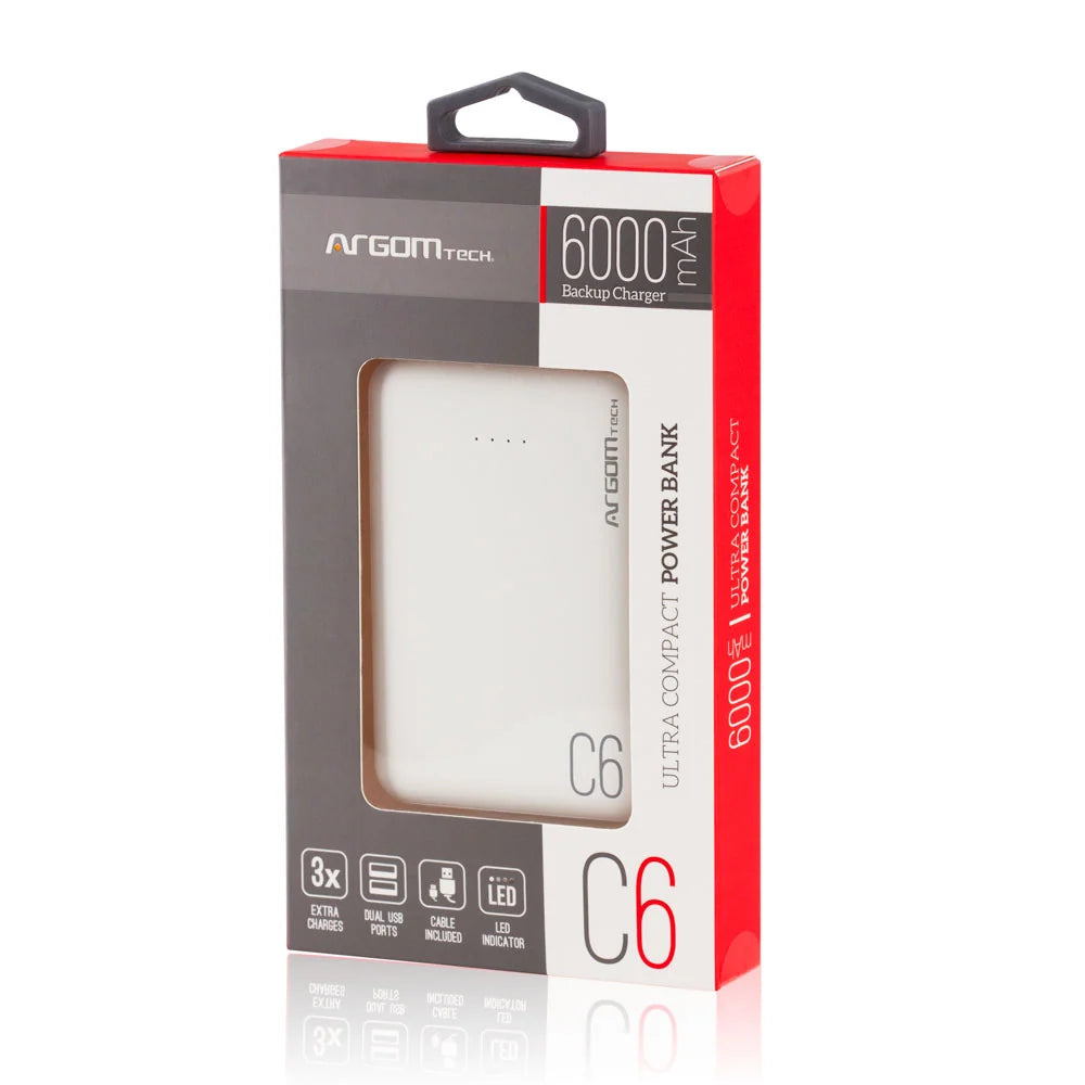 BATERIA PORTATIL ARGOM C6 6,000MAH BLANCA